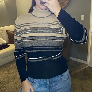 Karen Scott Black and Tan Striped Turtleneck Sweater